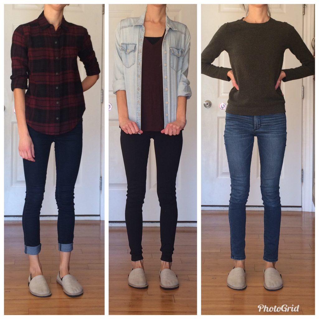 A woman wearing the unshoes terra vida barefoot vegan hemp slip on with three different outfits to show how to style them