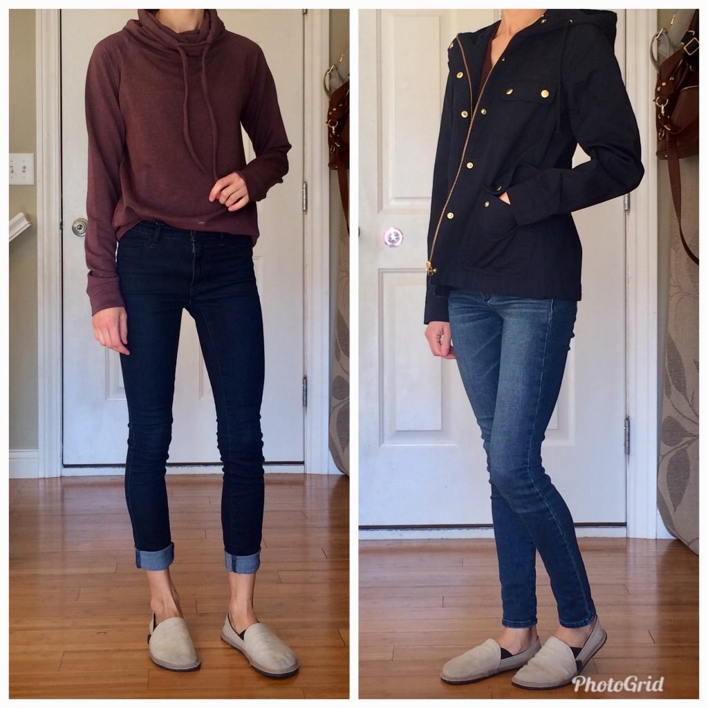 A woman wearing the unshoes terra vida barefoot vegan hemp slip on with two different outfits to show how to style them