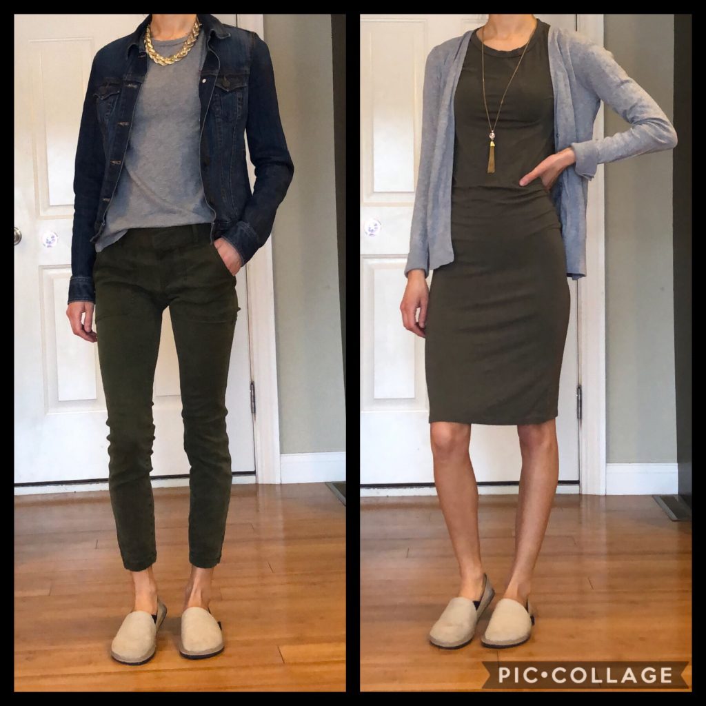 A woman wearing the unshoes terra vida barefoot vegan hemp slip on with two different dressy outfits to show how to style them