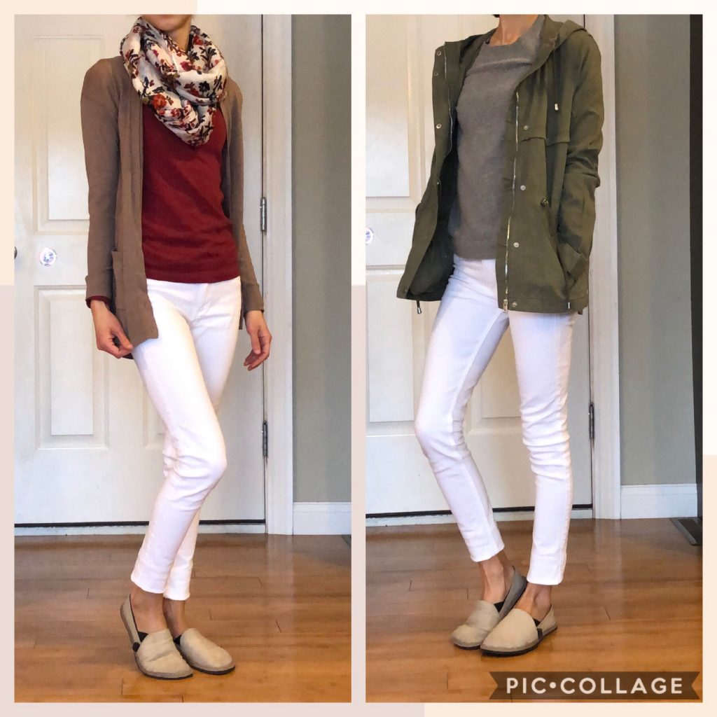 A woman wearing the unshoes terra vida barefoot vegan hemp slip on with two different white jean outfits to show how to style them