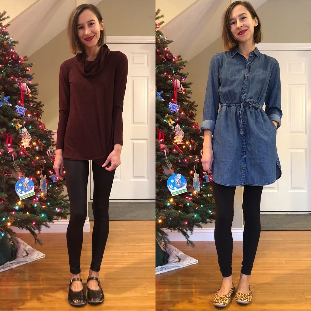 A woman in 2 different stylish Holiday outfits wearing Zeazoo Mary Jane barefoot shoes on the left, and The Storehouse Flats on the right