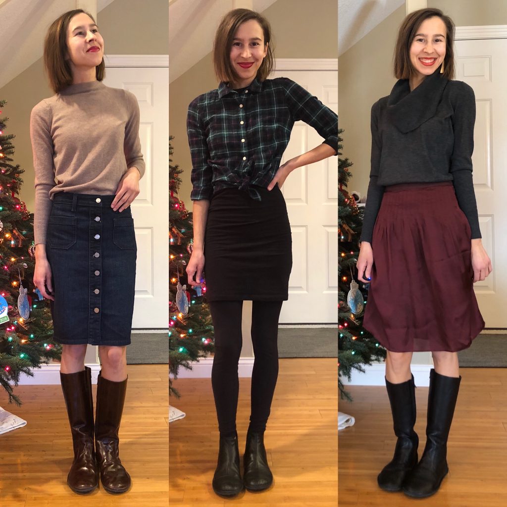 A 3 photo collage of the same woman wearing barefoot boots with 3 winter outfits. The Drifter Leather riding boots and chelsea boots are featured.