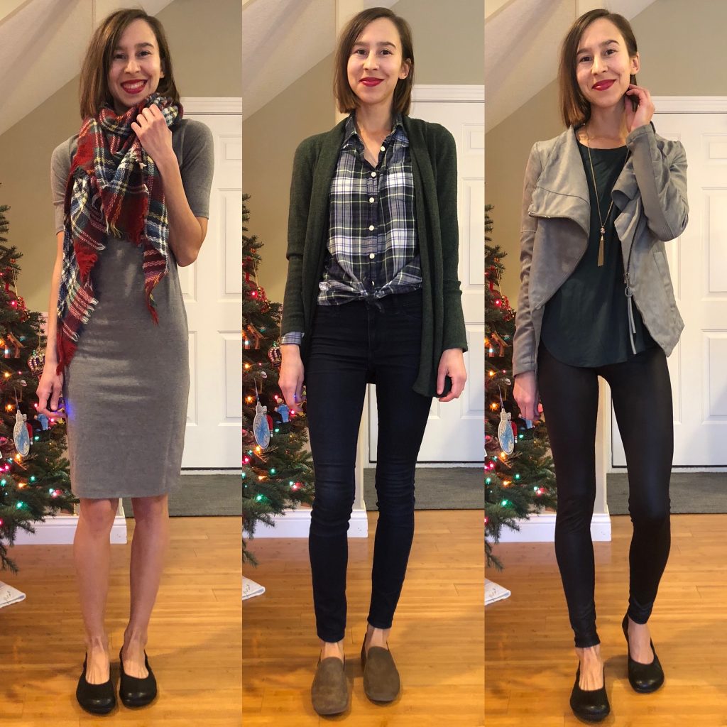 A collage of the same woman in 3 winter outfits wearing Vivobarefoot Jing Jings and Zuzii Loafers.