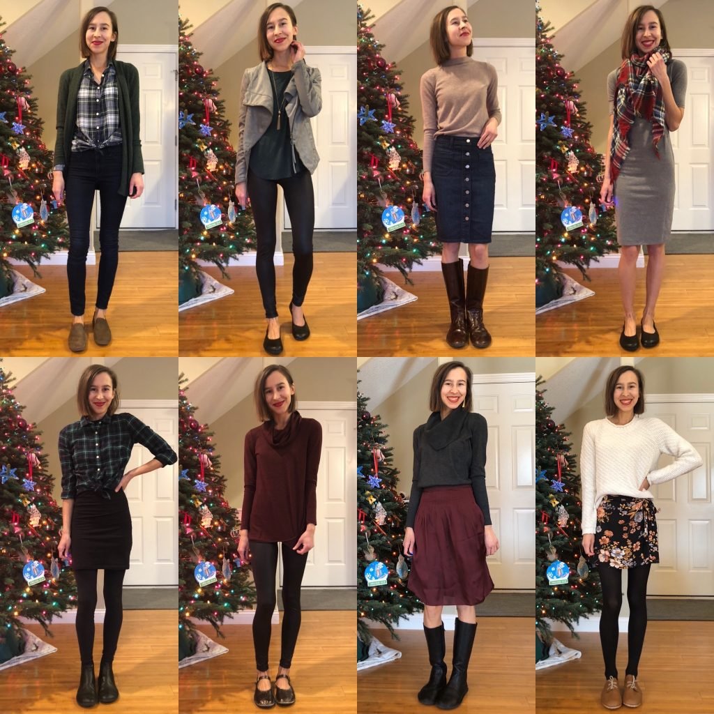 A collage of 8 photos of the same woman wearing different Holiday outfits. She is wearing barefoot shoes in each photo.