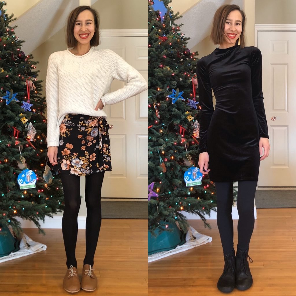 A 2 photo collage of a woman in dressy Holiday outfits showing how to style 2 lace up barefoot shoes. Hoss Handmade Oxfords on the left, and Vivobarefoot Gobi Hi Tops on the right.