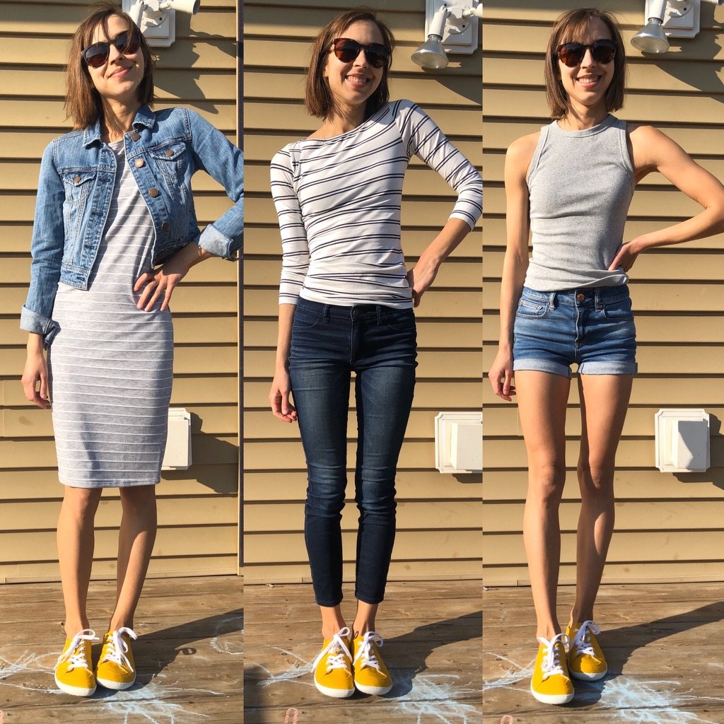 a side by side image of a woman wearing 3 different outfits and mukishoes barefoot sneakers in all 3 - to show how to style them