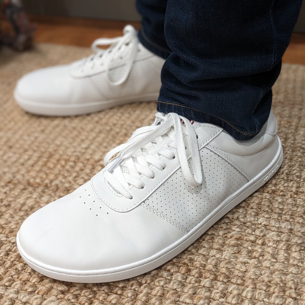 White barefoot transition sneaker leather Icarus Footwear with wide toe box