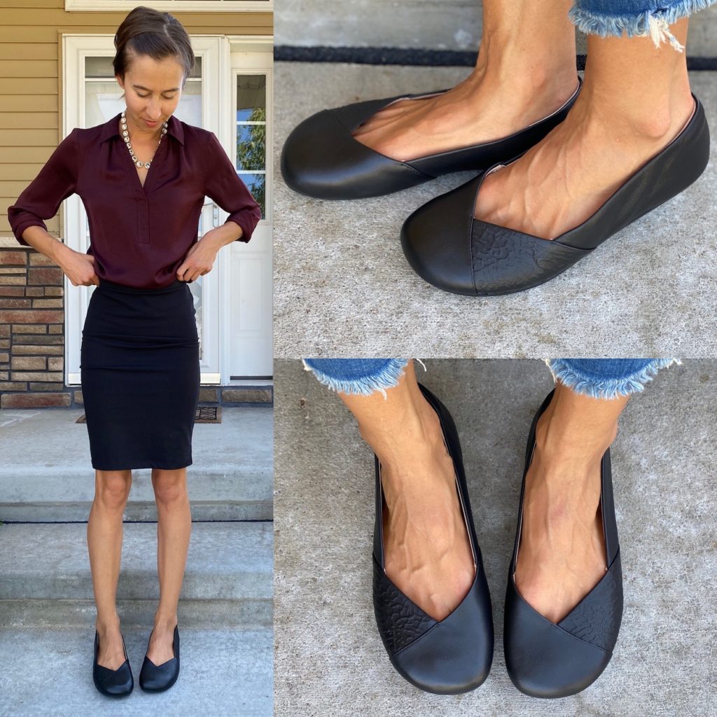 A collage of 3 photos of the Xero shoes Phoenix leather barefoot ballet flat for women. One is a full body shot of a woman in a business outfit wearing the simple flats, the other two are close up images of her feet in the flats from a front and side view.