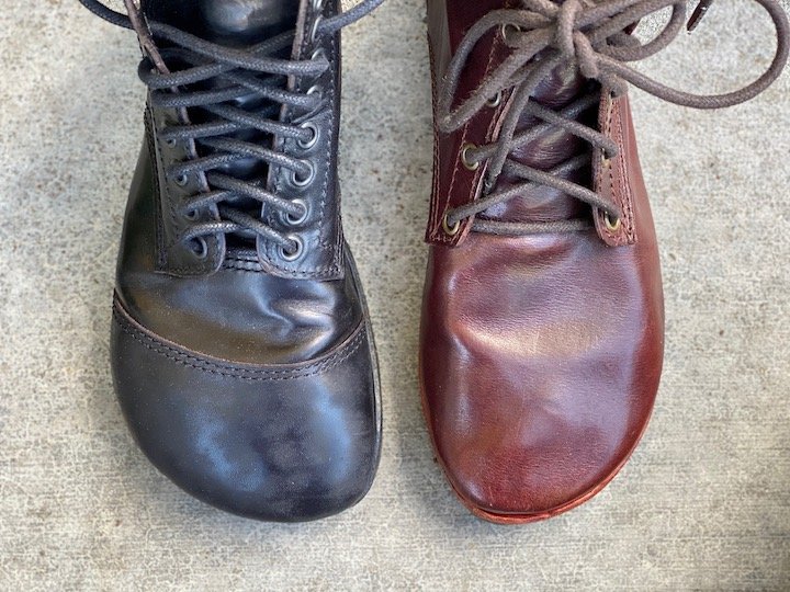 Close up view of two the toe boxes different gaucho ninja barefoot handmade boots to show the difference between the bespoke and standard sizes