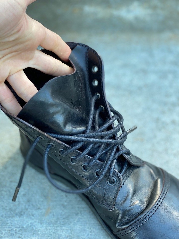 A close up of the Gaucho ninja barefoot boot desert blaster showing the gusseted tongue