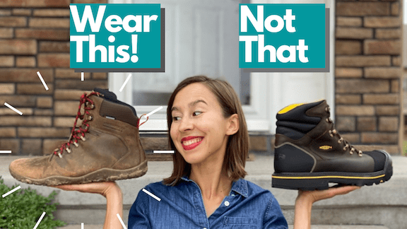 A woman holding up one shoe in each hand: The VIvobarefoot TRacker on the left and the Keen Utility boot on the right. Above the tracker is the text "wear this" and above the keen boot is the text "not that."