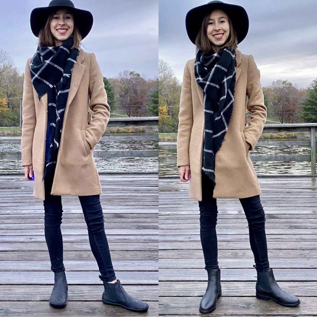 A side by side image of a woman standing near a lake wearing the same coat and pants but two different black boots: On one side she is wearing the Mukishoes vegan barefoot Chelsea boot, and on the other side she is wearing the Thursday Duchess chelsea boot