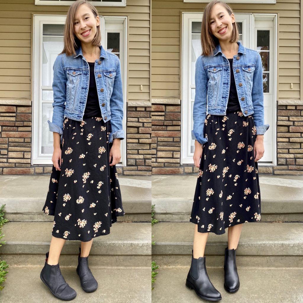 A side by side image of a woman wearing the same outfit but two different black boots: On one side she is wearing the Mukishoes vegan barefoot Chelsea boot, and on the other side she is wearing the Thursday Duchess chelsea boot