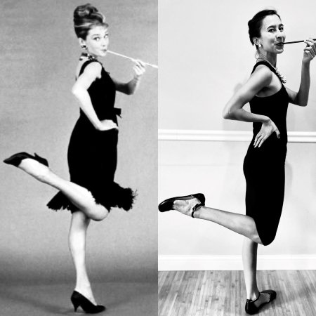 Side by Side photo collage ofAudrey Hepburn style, but remade with barefoot dressy flats - the Shapen Poppy in black