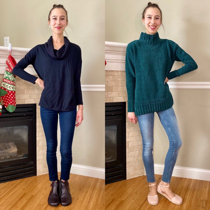 Two images side by side of the same woman. In one she is wearing the Shapen Barefoot Ivy boot in Bordeaux, a minimalist ankle boot. And in the other she is wearing the dressy Shapen Poppy barefoot ballet flat in nude, a dressy barefoot shoe for women.