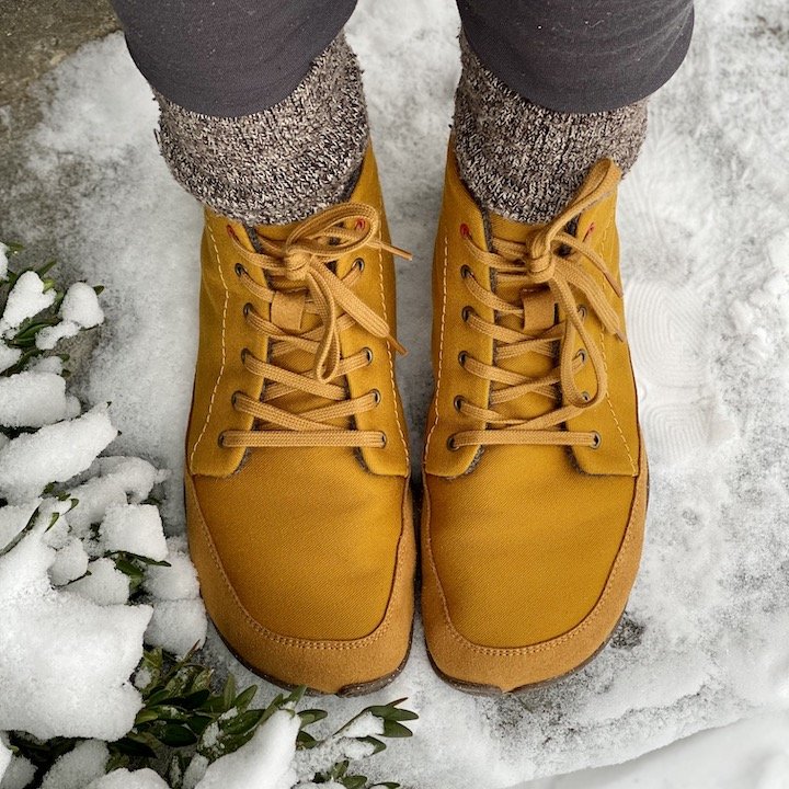 A top down view of a pair of feet wearing Wildling winter barefoot shoes, model honeybear -  wool lined and warm 