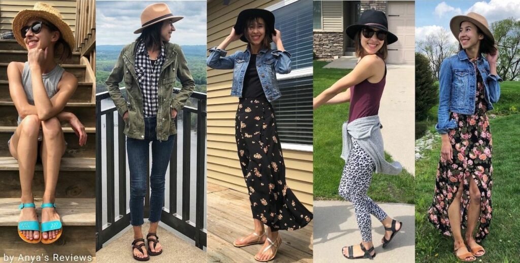 A collage of a woman wearing 5 different pairs of barefoot and minimalist summer sandals, Tikki sandals, shamma barefoot running sandals, unshoes saffron, luks barefoot sandals, and softstar solstice sandals