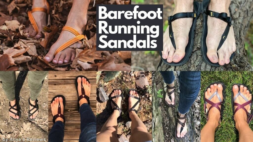 a collage of different barefoot running sandals from the brands Unshoes, bedrock, earth runners, luna, shamma, and xero