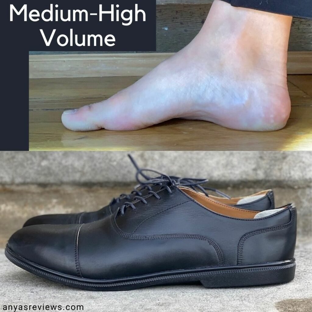 A collage of a pair of Carets dress shoes and the type of foot volume they can accomodate. The shoes are shown in the bottom photo and a medium-high volume foot is shown from the side on top.