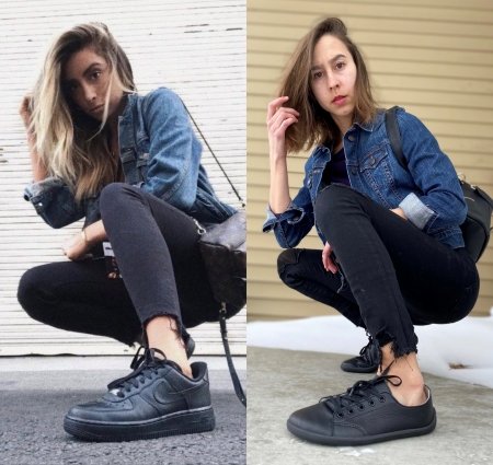 A side by side collage of 2 different women wearing identical outfits. They are both crouched down with their foot near the camera wearing black sneakers, jean jackets, and distressed black jeans. The woman on the left is wearing black Nike sneakers, and the woman on the left is wearing zero drop flexible foot shaped Be Lenka Prime in all black.