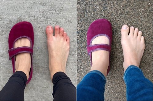 A side by side comparison of 2 different people's feet in the same shoe. The left side of the image shows an unsecure fit and the right shows a secure fit on a wide high volume foot.