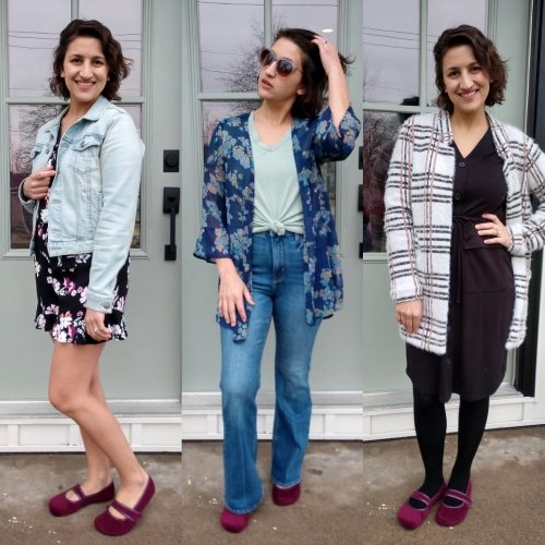 A 3 photo collage of the same woman with brown curly hair wearing 3 outfits to show the different ways the tadeevo Ballet Pump in burgundy velvet can look fun and office appropriate.