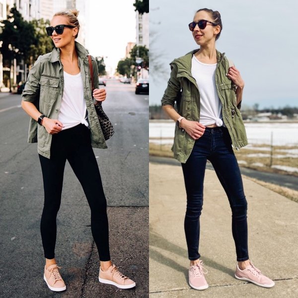 Side by side collage of 2 woman in identical outfits wearing pink athletic sneakers. The woman on the right is wearing the Geo Racer II in blush pink from Vivobarefoot - a zero drop running shoe.