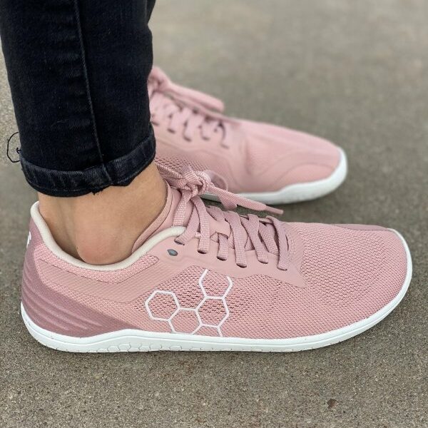 Close up of zero drop running sneakers from Vivobarefoot Geo Racer II in blush pink