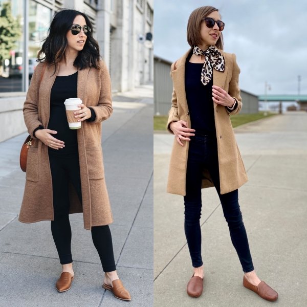 2 Women wearing similar outfits - black pants and shirts with camel colored jacket and brown loafers. The shoes on the left woman are pointy and narrow. The shoes on the right are foot shaped Khussa Loafers from FeetSutra