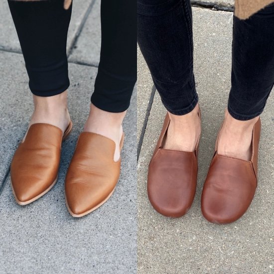 A close up side by side of FeetSutra Khussa barefoot loafers and conventional pointy loafers.