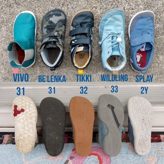 A collage of 5 kids barefoot shoes showing the tops and soles - Vivobarefoot, Be Lenka, Tikki Moon, Wildling, Splay