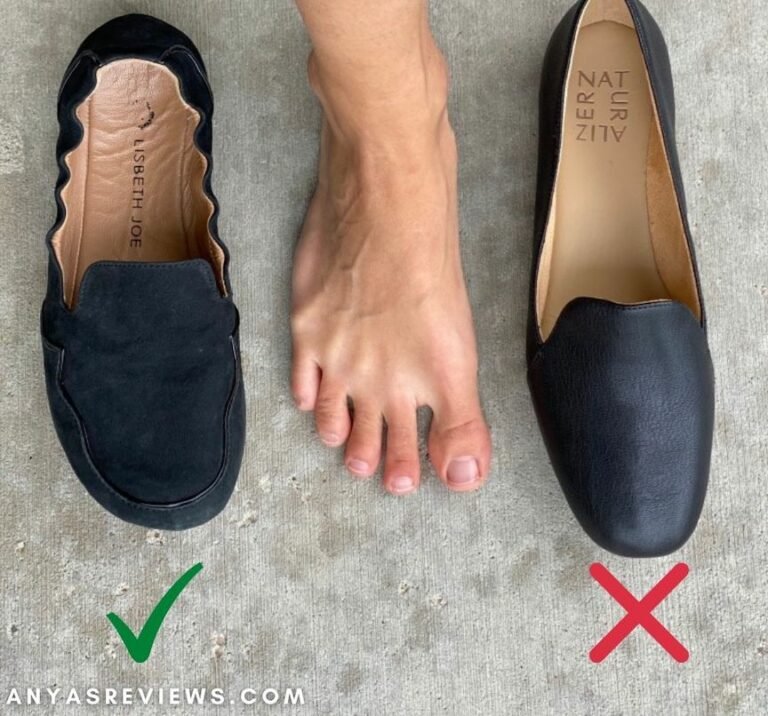 Annotated image showing a wide bare foot between Lisbeth Joe London Loafers and naturalizer conventional tapered heeled loafers that deform your feet.