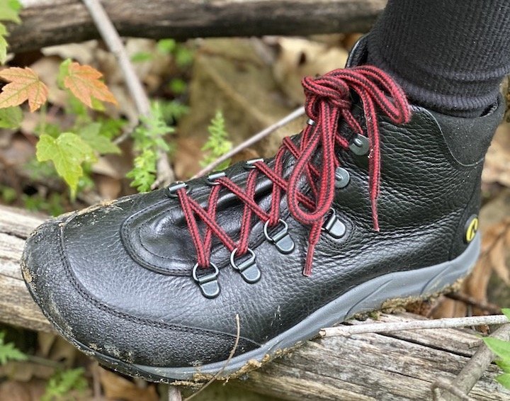 Close up of Joe Nimble Wandertoes 2.0 stepping on a log.