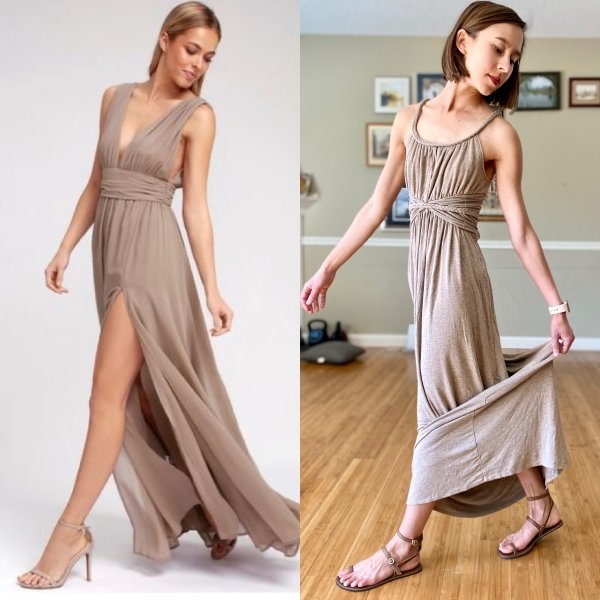 Side by side Collage of two women wearing floor length tan dresses with fancy shoes. The left is wearing heeled sandals, and the right is wearing High Feels - a barefoot alternative to dress sandals.