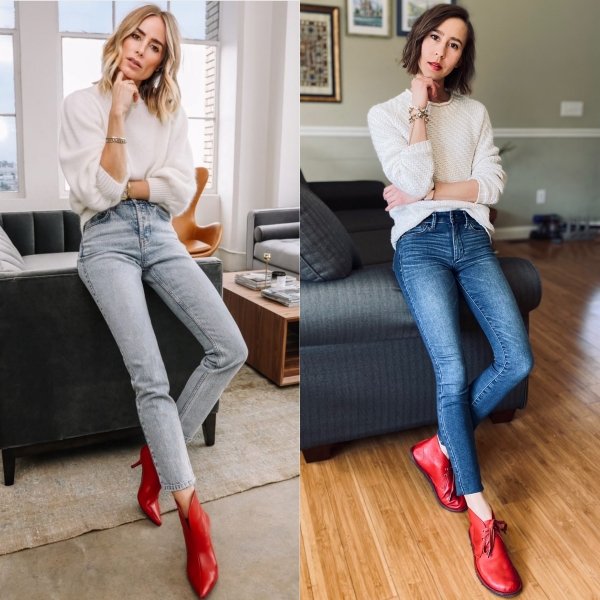 Side by Side collage of 2 women wearing similar outfits - jeans and white sweaters leaning against the arm of a couch looking thoughtful. Boot women are wearing Red ankle boots - The left is pointy toed and heeled - the right is foot shaped and zero drop by Gaucho Ninja.