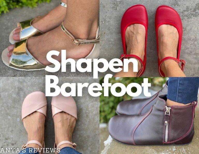 A collage of 4 styles of foot friendly shoes from Shapen Barefoot - Lily, Poppy, Ivy, and Tulip.