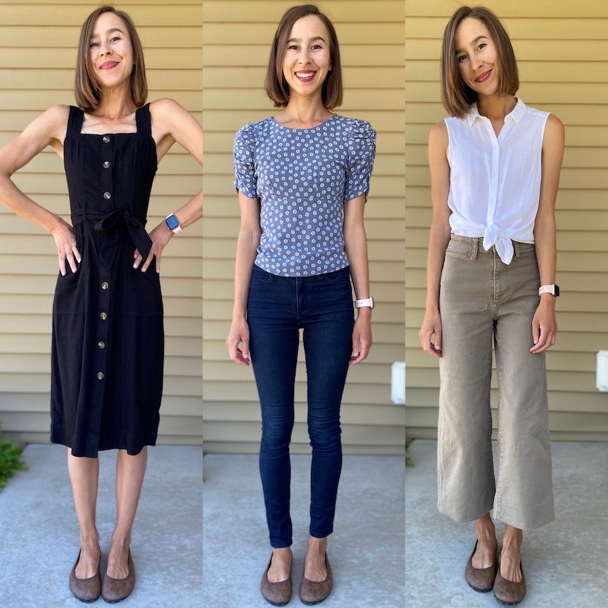 A 3 photo collage of the same woman in 3 different outfits wearing Softstar Ballerine flats in brown leather to show the versatile styling possibilities