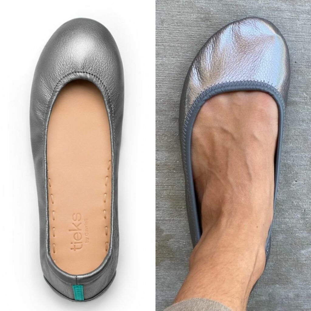 Side by side Collage of silver narrow toe box Tiek flats next to Softstar Shoes Ballerine in Pewter