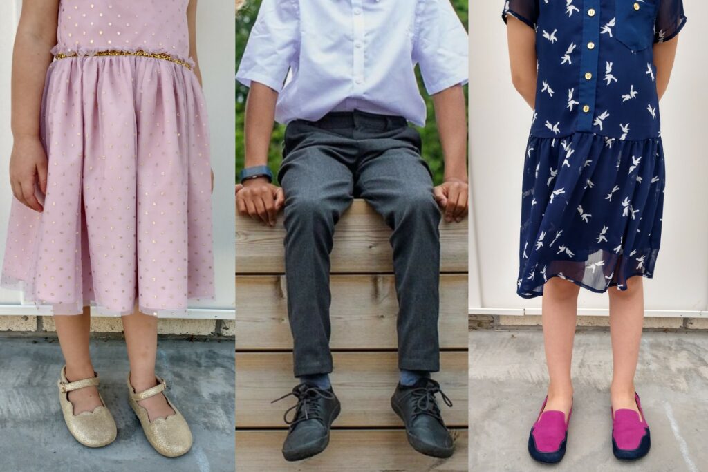 3 Photo Collage of 2 girls and a boy wearing dress clothes and barefoot dress shoes - Little Love Bug company, Vivobarefoot, and Lisbeth Joe