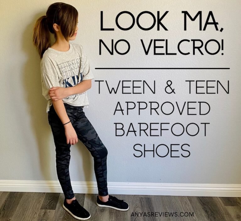 Text over image reads, Look Ma, No velcro! Tween & Teen Approved barefoot Shoes. The image has a tween in a moody stance wearing Feelgrounds orignal black lace up mesh sneakers.