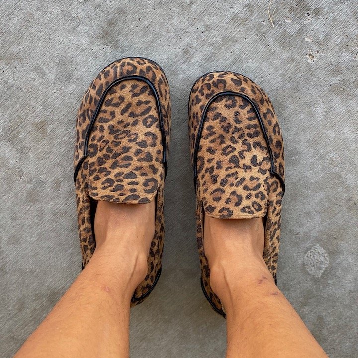 Top view of Lisbeth Joe Leopard London loafers, a stylish barefoot flat for high volume feet.