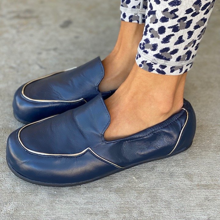 Front/Side view of Lisbeth Joe London Loafers in Navy with metallic trim.