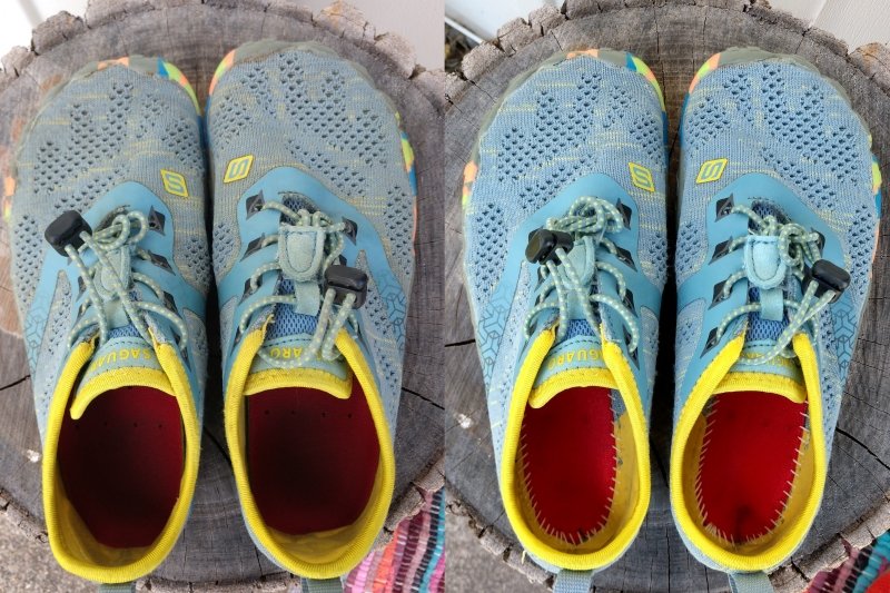 Side by side collage of Saguaro barefoot sneakers before and after machine washing.