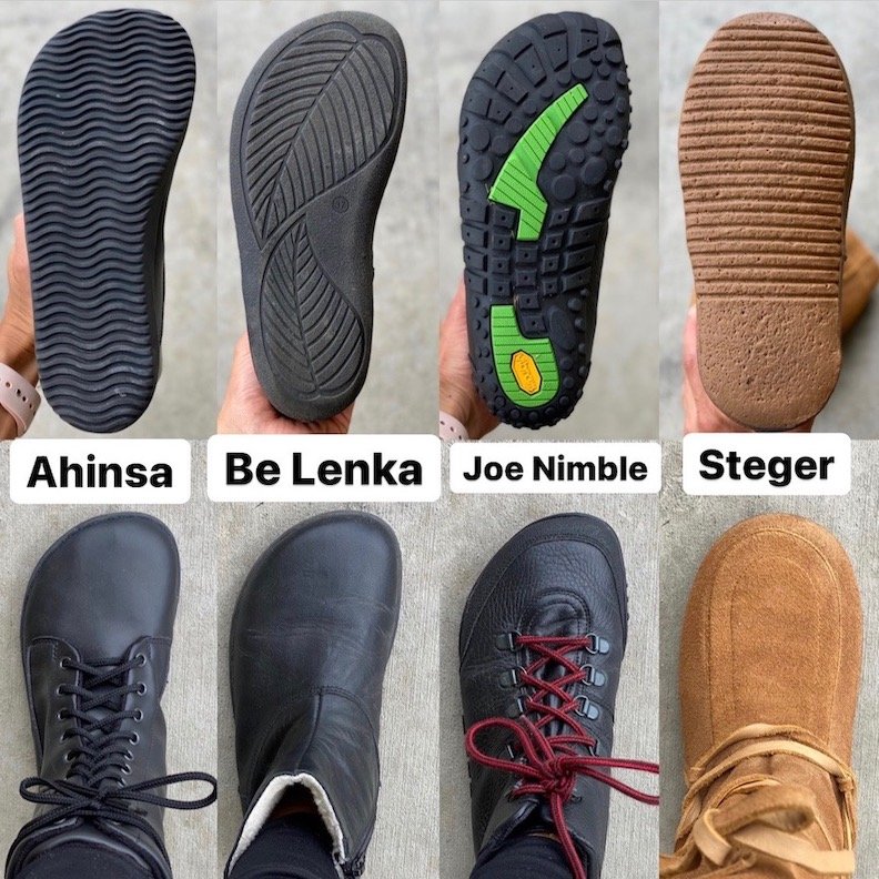 4 photo collage showing the top down toe box and sole shape on 4 Barefoot Boot options - Ahinsa, Be Lenka, Joe Nimble, and Steger