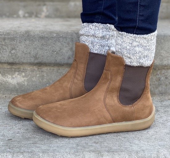 Close up side view of be Lenka entice barefoot chelsea boots in toffee with an extra wide toe box