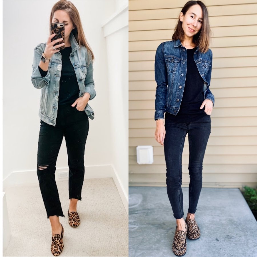 Side by side collage of 2 different women wearing very similar outfits with black leopard loafers. The right image features stylish barefoot loafers from Lisbeth joe with a zero drop flexible sole