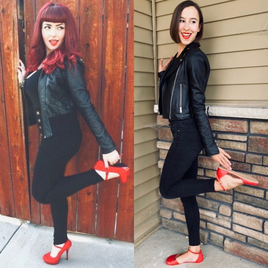 side by side collage of 2 different women in similar oufits wearing red dress shoes. The woman on the left is wearing pointy toed heels, and the woman on the right is wearing zero drop barefoot dress flats - the Shapen Poppy in red