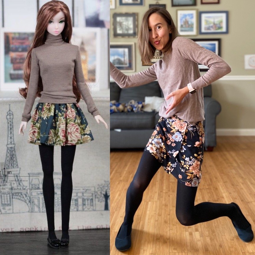 A woman mimicking a doll outfit with a floral skirt, black tights, sweater, and black flats. The woman on the right is wearing Xero Phoenix flexible knit flats that allow your foot to function as nature intended