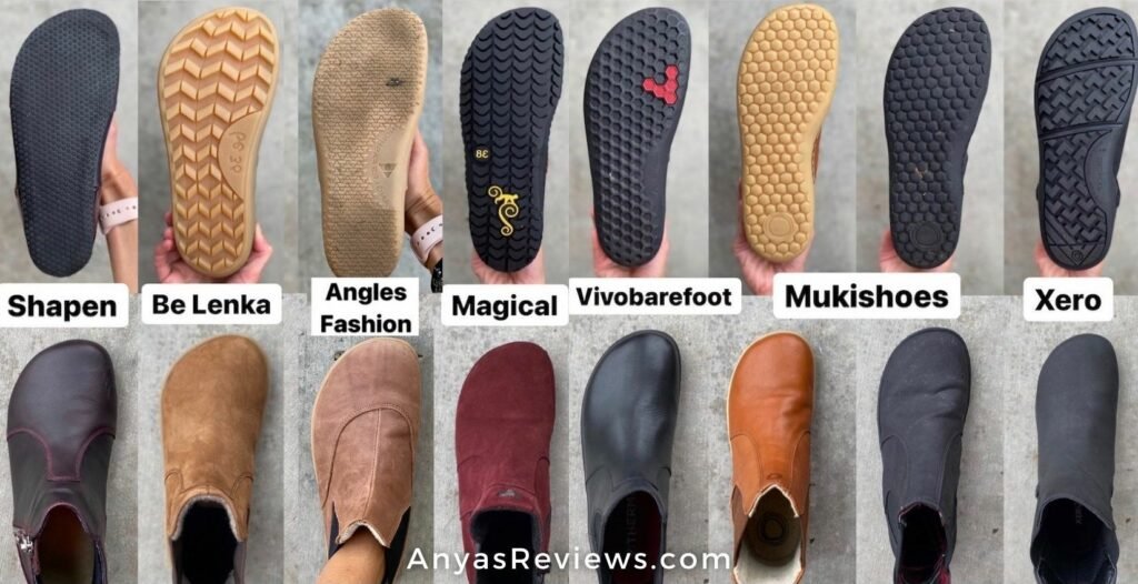 A row of barefoot chelsea boots organized from widest to narrowest - Shapen Ivy, Be Lenka Entice, Angles Fashion Artemis, Magical Shoes Lupino, Vivobarefoot Fulham, Mukishoes Chelsea, and Xero Shoes Tari