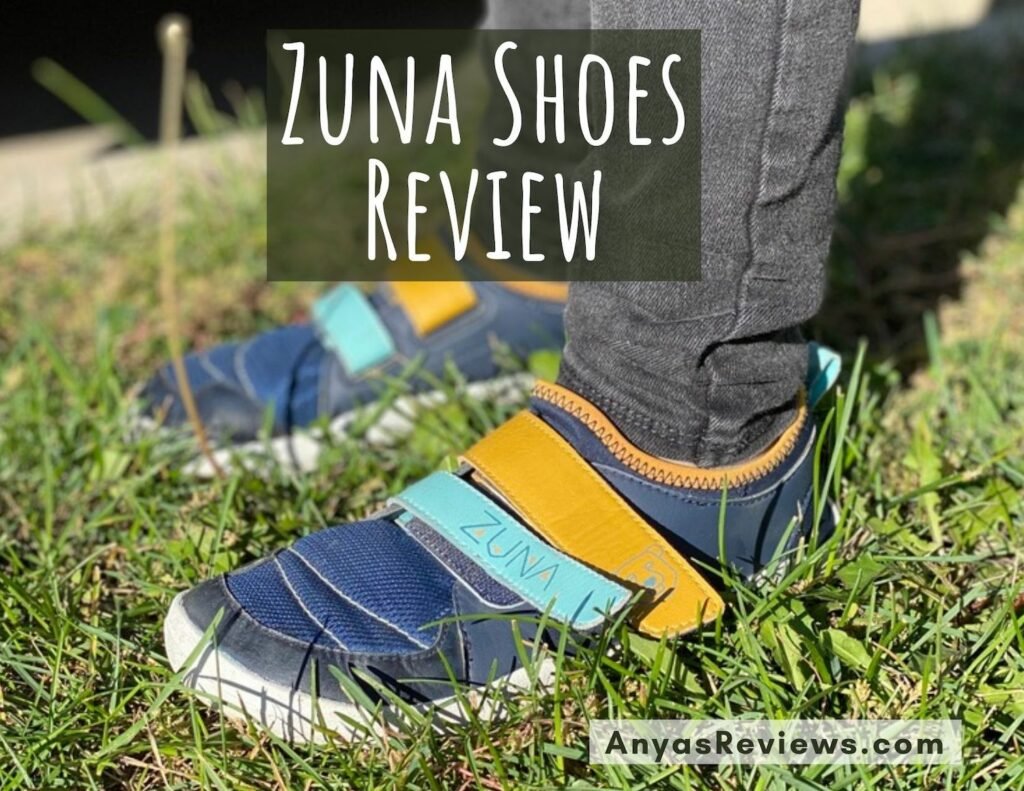 Zuna Shoes Review from Anya's Reviews - image background is Zuna Akili barefoot vegan sneakers for big kids